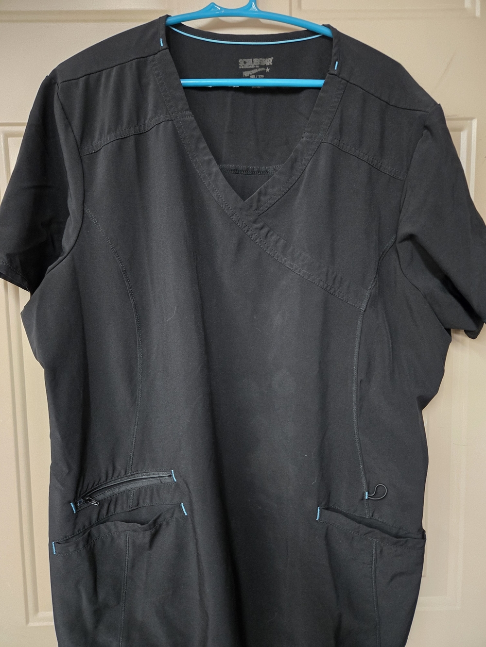 Scrubstar Black V-Neck Scrub Top with Teal Stitching, Soft And Comfortable.